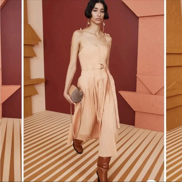 NWT Ulla Johnson Cosette Pleated Poplin Midi Dress w/Pockets Pale Peach Size 2 - Picture 3 of 13